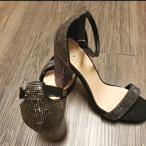 SHINY Sparkly RHINESTONE BLACK GUNMETAL  Square BLOCK  HEELS